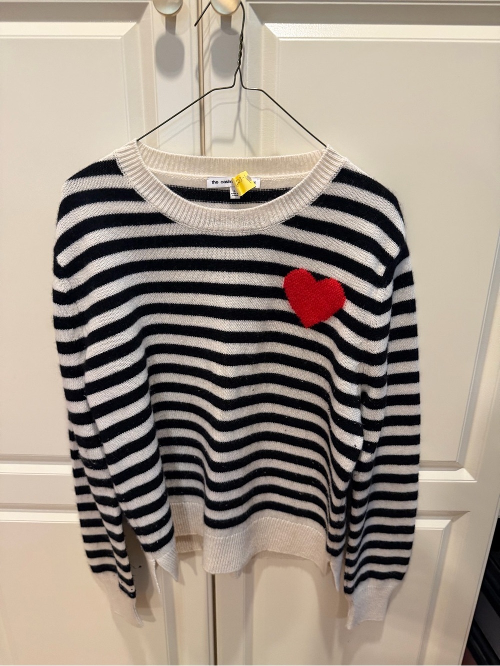 The Cashmere Project Black & White Striped Sweater with Red Heart